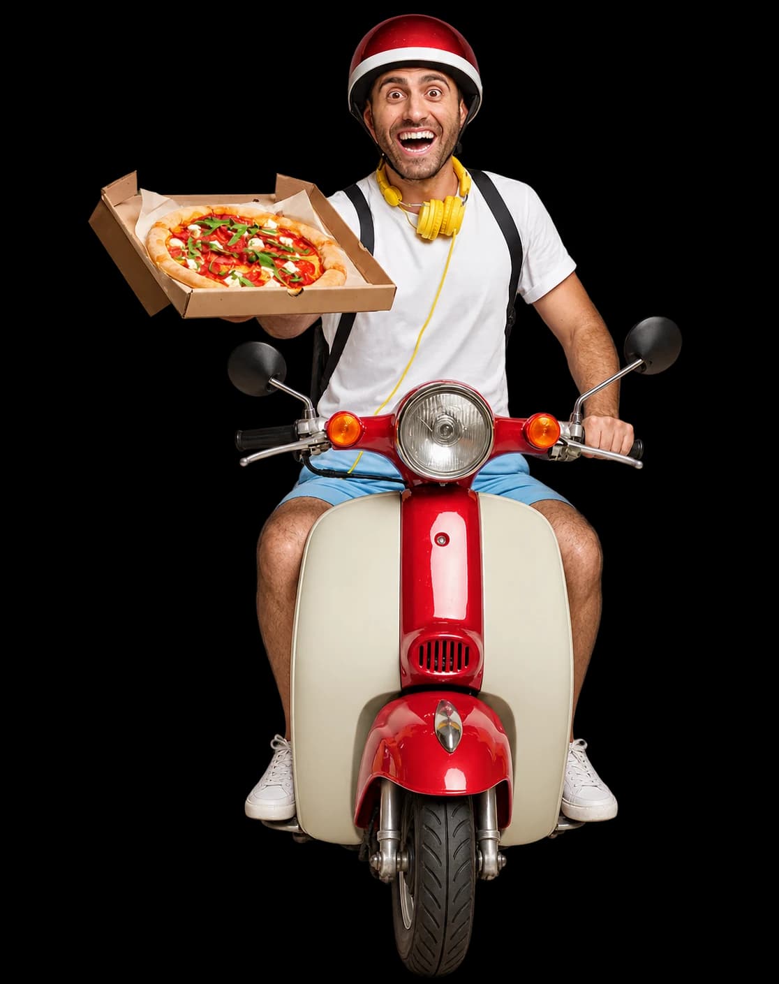 Fahrer mit Pizza auf rotem Roller