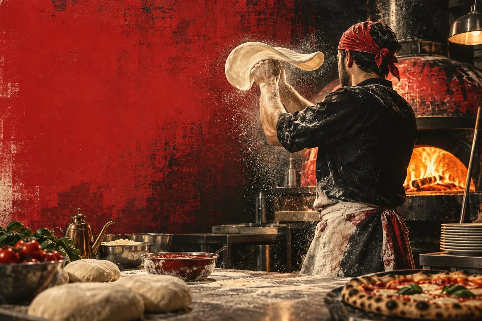 Stilisierte Kochszene: Pizzabäcker wirft Teig vor einem Ofen