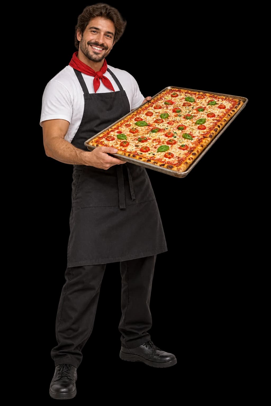 Symbolbild: Pizzabäcker präsentiert eine große rechteckige Partypizza