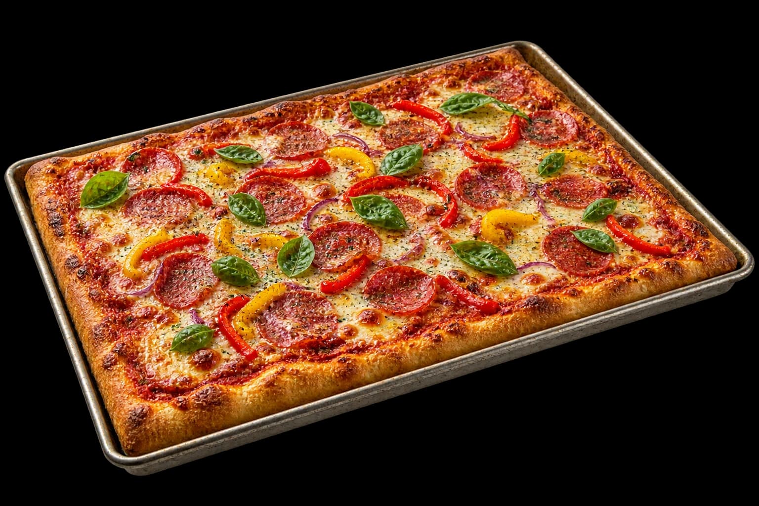 Große rechteckige Partypizza auf einem Backblech