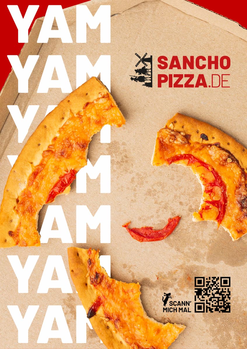 Sancho-Plakat mit Pizza auf Karton und dem Schriftzug Yam Yam
